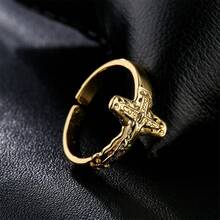 Minimalist Golden Cross & Jesus Open Ring, Niche Vintage Design, Women's Luxury Versatile Band - 金色 - 查看 3