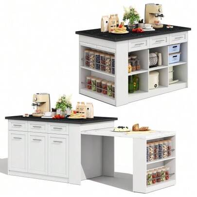 Ilha de cozinha multifuncional com 150 cm + 96 cm, mesa de jantar extensível branca, bancada/mesa de madeira marmorizada preta/branca, armários de armazenamento integrados, ideal para cozinhas familiares e jantares comunitários