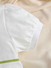 Young Girl Striped Print Polo Collar Short Sleeve Casual Dress, Summer - Lime Green - View 5