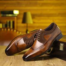 Men's Wingtip Brogue Formal Dress Shoes, Lace-Up Perforated Faux Leather Non-Slip Wear-Resistant Business Footwear For Wedding Office Daily Commute Wear - 棕色 - 查看 4