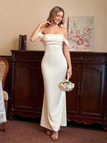 PARTHEA 露肩褶饰缎面优雅连衣裙伴娘礼服 - 杏色 - 查看 1