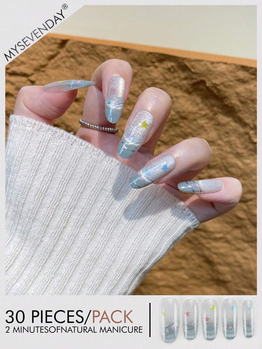 30片杏仁形/渐变长指甲贴纸，彩色条纹图案，亚克力假指甲套装，包含1瓶凝胶指甲油和1把指甲锉，适合女性在秋冬季日常工作、学习和聚会中使用。这款美甲产品也适合派对、节日和日常使用。美甲用品 - 彩色 - 查看 1