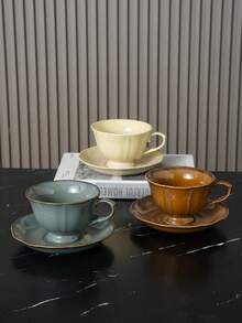 1 set Juego de taza y platillo de té vintage de cerámica colorida - Vajilla estética multicolor, perfecta para amantes del café y el té, elemento esencial para la decoración de cocina de