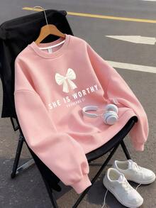 少女字母蝴蝶结印花圆领长袖套头卫衣 - 粉色 - 查看 2