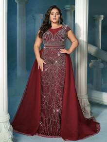 Đầm Maxi dự tiệc cổ tròn tay lỡ thanh lịch dành cho nữ, đính sequin tương phản và chi tiết lưới, khóa kéo - Màu Đỏ Sâu - Xem 4