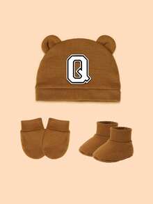 3件套新生儿礼盒，包含1顶白色经典字母装饰婴儿帽、1副防抓手套、1双连体衣，男女宝宝均可佩戴，时尚个性，适合节日、新生儿礼物和日常穿着。 - 咖色 - 查看 14