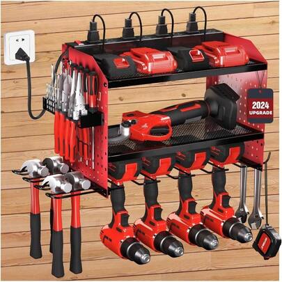 Veitorld Power Tool Organizer With Charging Station 4 Drill Holders Heavy Duty Modular Wall Mount Rack For Garage Tool Storage Organizer Gifts For Him Men Dad Husband Anniversary