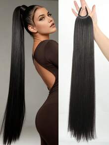 马尾辫延长带发带 18~32 英寸长黑色合成直发辫子马尾辫 DIY 编织适合女性女孩日常派对角色扮演
