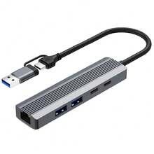 5-In-1 USB Hub With Gigabit LAN, USB-A/USB-C 2-In-1 Interface, RJ45 1000Mbps, 2 USB 3.0 5Gbps, USB-C 5Gbps, USB-C 2.0, Aluminum Alloy, Plug And Play For Laptop Desktop Notebook - Màu Xám nhạt - Xem 8