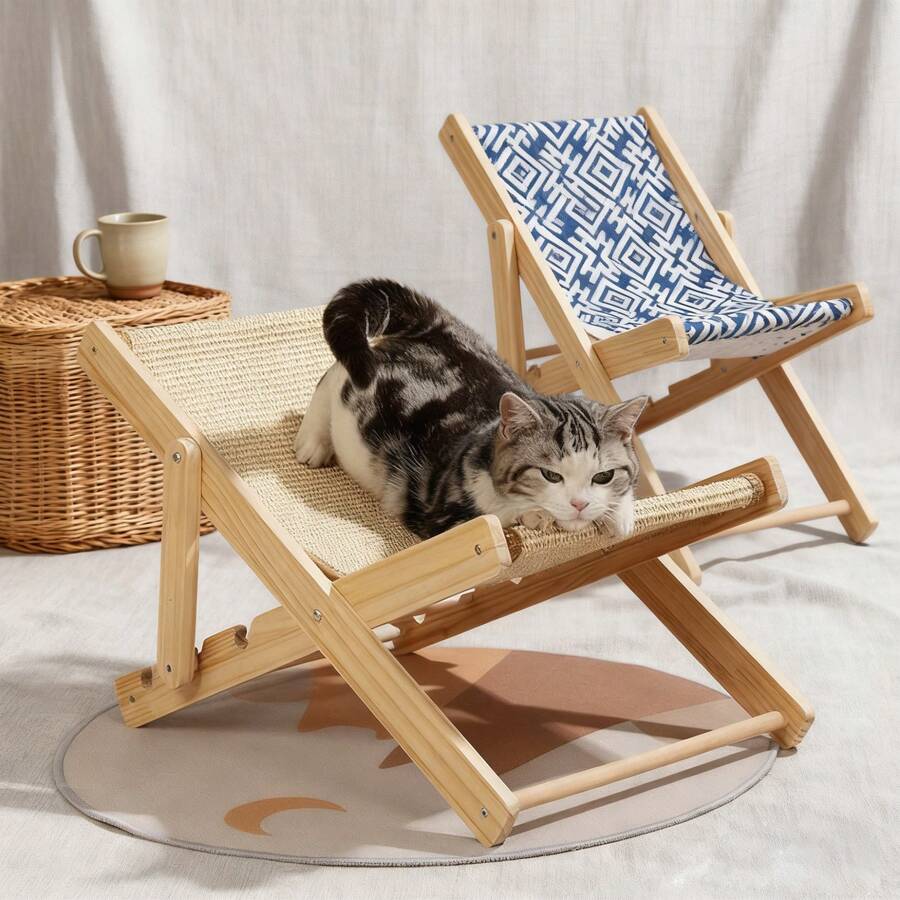 Cat Lounger, 2 In 1 Foldable Cat Sisal Chair For Indoor And Outdoor, 4 Position Adjustable Hammock, Beach Chair, Pet Sisal Mattress, Removable Blanket, Wear Resistant Won't Lose Crumbs, Suitable For Small And Medium Cats - 彩色 - 查看 1