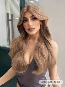 4英寸×1英寸蕾丝前额卷发假发，棕色卷发假发，28英寸长，外观自然，适合节日和日常佩戴 - 摩卡棕 - 查看 2