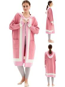 Women's Oversized Open Front Cardigan Sweater - Lightweight Alpaca Wool Long Sleeve Coatigan With Draped Pocket - Hồng - Xem 3