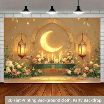 1 pieza Bandera de poliéster 2D de Ramadán con decoración inspirada en Ramadán que incluye luna creciente, linternas, flores y velas. Accesorios y suministros para fotografías de Eid Al-Fitr, adecuados para celebraciones musulmanas de Ramadán y Eid Al-Adha, decoraciones temáticas islámicas para fiestas