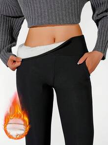 Women's High-Waisted Fleece-Lined Leggings - Thick Winter Warmth, Tummy Control Slim-Fit Soft Stretchy Pants With Pockets, Solid Black & Grey Thermal Pants For, Casual & Casual Attire, Elastic Waistband, Fleece-Lined Interior, Mature Style, Hand Wash Or Dry Clean, Ideal For & Winter, Winter Pants For Women, Fluff Pants, Compression Leggings For Women, Wide Pants With Slits For Women, Women Winter Pants, Comfy Pants Women, Wide Leg Pants Women, Casual Pants For Women, - màu đen - Xem 1
