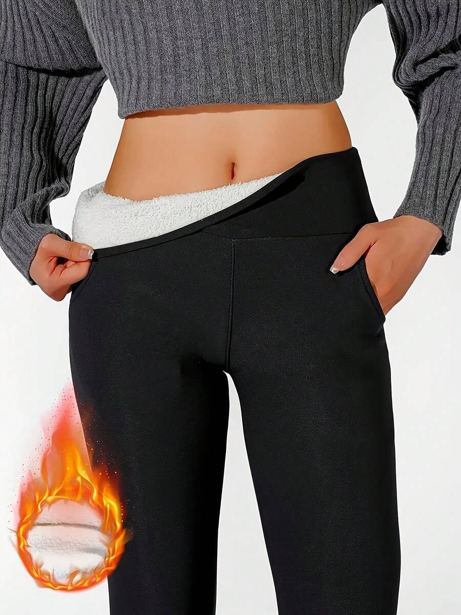Women's High-Waisted Fleece-Lined Leggings - Thick Winter Warmth, Tummy Control Slim-Fit Soft Stretchy Pants With Pockets, Solid Black & Grey Thermal Pants For, Casual & Casual Attire, Elastic Waistband, Fleece-Lined Interior, Mature Style, Hand Wash Or Dry Clean, Ideal For & Winter, Winter Pants For Women, Fluff Pants, Compression Leggings For Women, Wide Pants With Slits For Women, Women Winter Pants, Comfy Pants Women, Wide Leg Pants Women, Casual Pants For Women, - màu đen - Xem 1