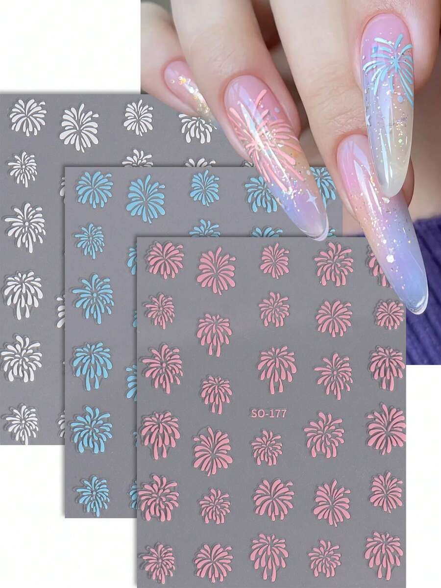 3pcs Pink White Blue Blooming Fireworks Pattern Nail Art Stickers 3D Self Adhesive Shiny Firework Candy Colors Decals Manicure Decorations DIY Nail Supplies New Year Nail Accessories Tools - Multicolor - View 1