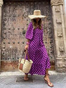 Vestido de vacaciones de primavera/verano para mujer con estampado floral, cuello en V y manga burbuja - Púrpura malva - Ver 2