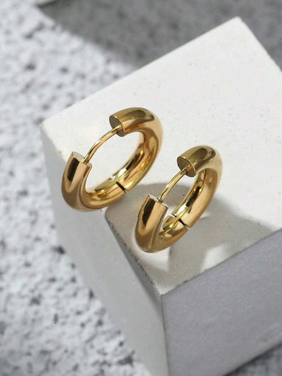 1 Pair Minimalist Round Hoop Earrings, Suitable For Casual Daily Wear, Elegant Simplistic European & American Style, Essential Earrings For Men - Yellow Gold - View 1