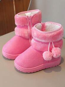 1 par de botas para niños, botas de nieve de color caqui con bola de peluche, suela blanda antideslizante, botas de media pantorrilla, diseño adecuado para niños y niñas para uso en exteriores, fiestas, viajes e invierno