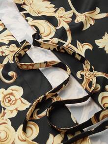 男士巴洛克印花系腰长袍 - 奢华金色花卉图案，宽松长款沙滩浴袍，轻盈时尚，适合热带度假、海滩派对和夏季时尚出行，男士礼品 - 棕色 - 查看 8