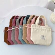1pc Women's Handbag With Drawstring Closure, Simple And Durable, Women'S Versatile Corduroy Bag, Corduroy Drawstring Handbag, Lightweight Foldable Purse With Corduroy Exterior & Drawstring Closure, Minimalist Bag For Camping Travel, Work - Màu xanh bụi bặm - Xem 6