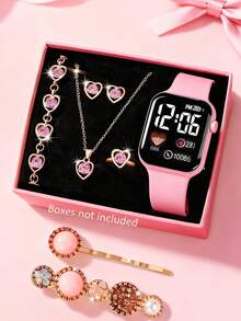 Conjunto de 8/2/1, de moda y elegante, lindo y adorable, reloj juvenil de mujer con pantalla digital cuadrada a muy bajo precio. Es muy adecuado para las manos de las niñas y viene con un conjunto de joyería de strass, pinzas para el cabello, collar, pulsera, aretes y anillo. Es un gran regalo para niñas en Navidad, fiestas y otros festivales.