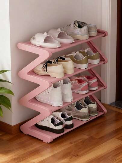 Four-Layer Large Z-Shaped Shoe Rack, Easy To Assemble Without Tools, Pink Plastic Stackable Storage Organizer, Suitable For Home, Dormitory And Living Room, Space-Saving Floor Design, Shoe Storage Organizer