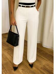 Calça Pantalona Feminina | Cintura Alta com Bolsos Laterais + Cinto - Branco - Visão 1
