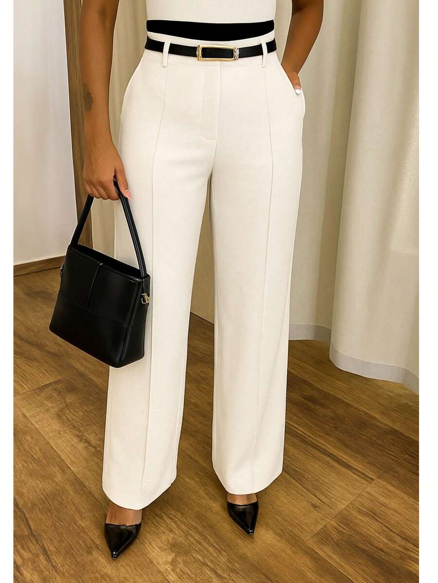 Calça Pantalona Feminina | Cintura Alta com Bolsos Laterais + Cinto - Branco - Visão 1