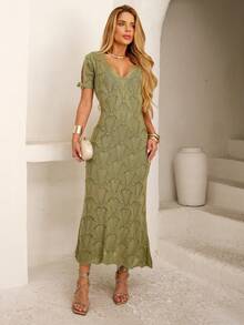 Charlotte Short-Sleeved V-Neck Dress, Elegant For Christmas And New Year's Eve - 橄欖綠 - 查看 2