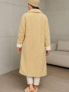 Choa Bata casual aborregada, regalo de Navidad - Vestido casual de forro polar grueso de manga larga y calientito con botones, con bolsillos, 1 pieza abrigo de casa y ropa de dormir para mujer, otoño/invierno - Beis - Ver 2