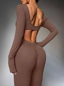 FWH Jumpsuit seksi dan elastis ini memiliki desain bagian bokong berkerut, efek mengangkat dan melangsingkan, bra bawaan yang dapat dilepas, lengan panjang, desain punggung yang elegan, kaki melebar kelas atas, kontrol perut pinggang tinggi, mencerahkan dan membuat tampak bercahaya. - Coklat - View 3