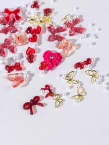 1Box Nail Parts Heart Wings Butterfly Pearl Red Pink Nail Parts Character Nail Ribbon Parts