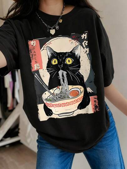 Teen Girl Cartoon Cat And Ramen Graphic Short Sleeve T-Shirts, Summer