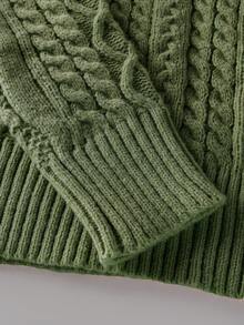Pull col roulé zippé mi-hauteur en tricot torsadé de couleur unie pour hommes, automne/hiver - Militaire verte - Voir 5