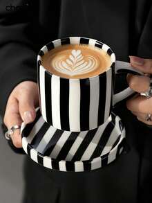 choxila 1 Set nordischer Stil Streifen Keramik Tasse & Untertasse Set, Ins Stil rund zylindrische amerikanische Latte Kaffeetasse & Untertasse Set, Trinkglas Tasse & zarte Teekasse & Untertasse Set für den Heimgebrauch oder Nachmittagstee - Tasse - Übersicht 4