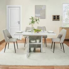 Modern Rectangular Dining Table, 120cm-160cm, Extendable, With Printed Black Marble Top + MDF X-Shaped Table Leg With Metal Base - Putih + Kaca + MDF + Baja + Ruang Hidup Utama - View 5