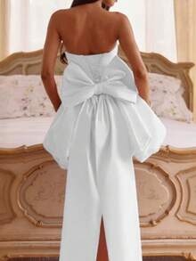 Vestido de verano Onicee blanco, conjunto de Día de San Valentín con gran lazo floral sin tirantes, vestido elegante adecuado para el Día de San Valentín, citas, reuniones, fiestas, viajes, vacaciones, playa y otras ocasiones - Blanco - Ver 4