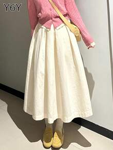 [Y6Y] Women's A-Line Woven Fabric Skirt, Casual Cute Elegant Daily Wear, Non-Stretch Flowy Mid-Length Skirt - Light Yellow - View 5