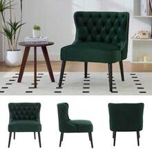 Single Armchair In Technical Fabric With Pull Button, Modern Armless Design With Rivet Trim And Solid Wood Legs For Living Room, Bedroom - Emerald + Velvet - View 12