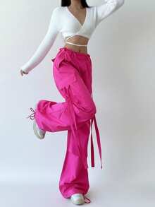 Calle Suelto Cordón Flutter Pantalones de trabajo Pantalones de pierna ancha Pantalones casuales con bolsillos de solapa Cintura baja Cordón de pierna ancha Pantalones de paracaidista - Rosa Fucsia - Ver 2