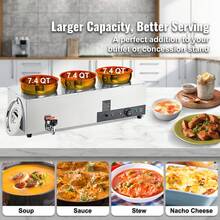 Calentador de sopa eléctrico , tres ollas redondas de acero inoxidable de 7,4 cuartos de galón, temperatura ajustable de 86 ~ 185 °F, baño María comercial de 1200 W con botón de reinicio y quemado antiseco, estación de sopa para restaurante, buffet, plateado - 1200 vatios - Ver 2