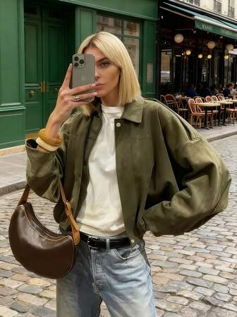 女士休闲宽松纯色拉链纽扣短外套，适合日常穿着，秋冬季百搭单品