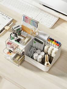 1pc Vertical Desktop Storage Box, Plastic Office Desk Organizer With Drawers - Office Stationery Rack, Cosmetic Storage Solution - Lightweight, Floor-Standing