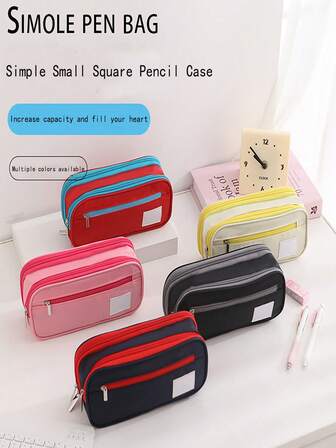 1pc Large Capacity Student Exam Pencil Case, Dual Layer Colorblock High-Aesthetic Stationery Box