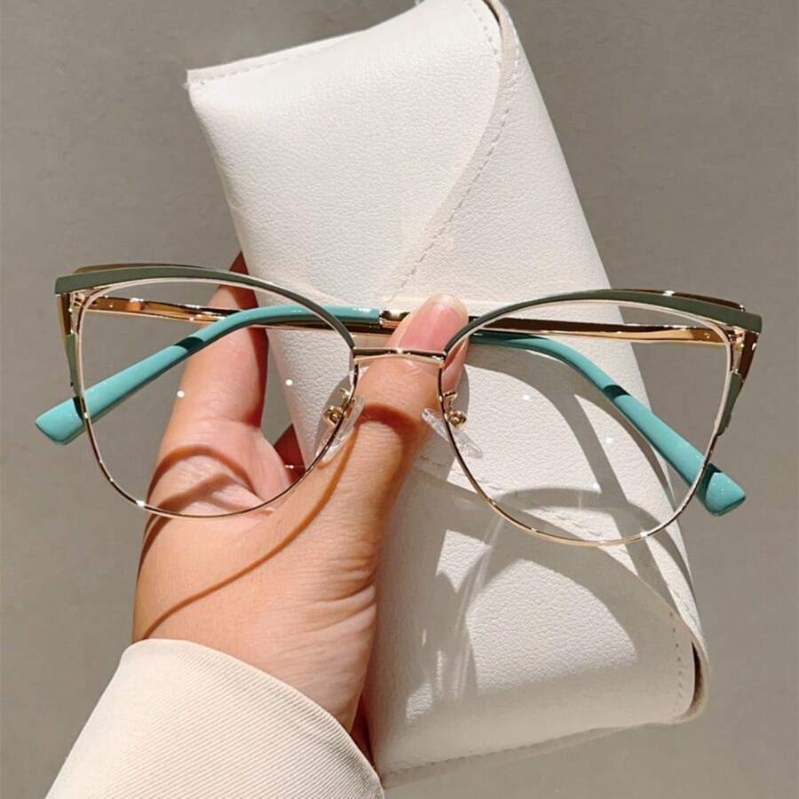 Fashionable And Minimalist Cat-Eye Plain Glasses With A High-End Look For A Natural Makeup Look,  Light, Metal Frame, Suitable For Business And Office Use - Green - View 1