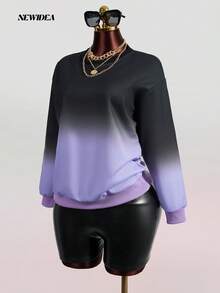 Sudadera de mujer con cuello redondo, manga larga, tejido suave y elástico, con acabado de canalé y unión de contraste, en estilo ombré negro y morado, perfecta para otoño e invierno, para uso casual diario y salidas de fin de semana