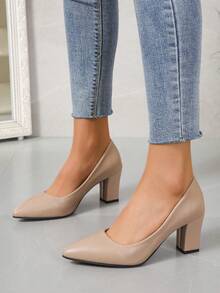 French Fashion Pointed Toe Thick Heel Office Pumps, Elegant Versatile Solid Color Formal Shoes For Interview, Commute, Wedding, Party - Apricot - View 2