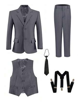 5-delat formellt kostymset för pojkar, smokingkostym för småbarn, bröllopspagejkostym, inkluderar kavaj, byxor, skjorta, slips, formell klädsel, lämplig för barns födelsedagar, bröllop, examensceremoni, bröllopsgäst, pagej, grå, storlek 4-16 år