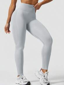 1pc Women's Fashionable Solid Color Ribbed Leggings For Hiking & Sports - Silver - View 3